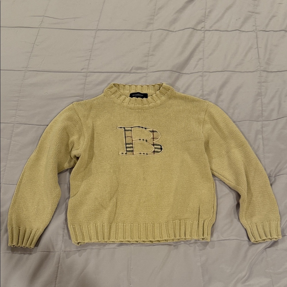 Burberry Beige Knit Sweater with Plaid Logo